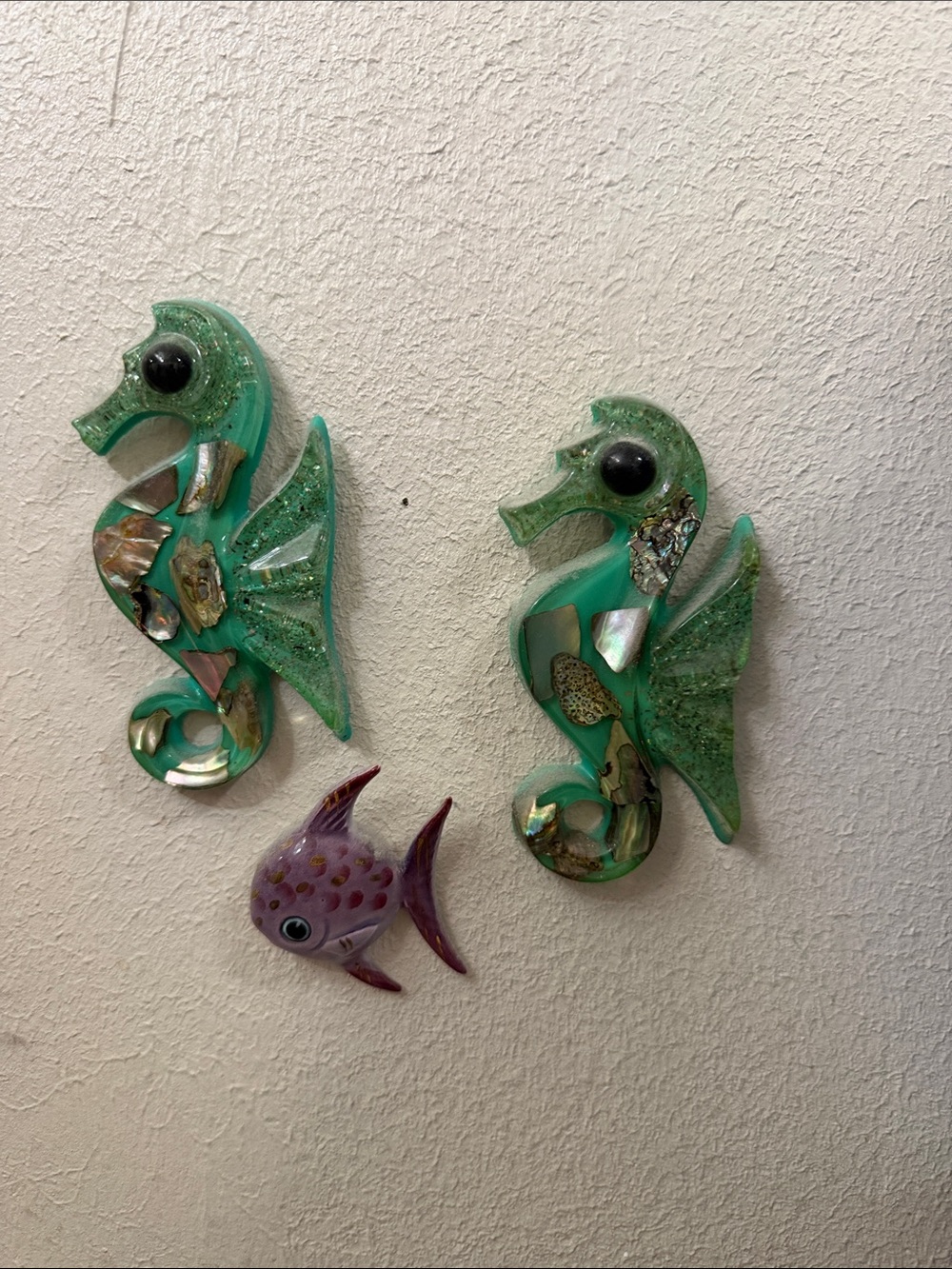 Green Decorative Seahorse Wall Pair with Iridescent Inlay and ceramic fish